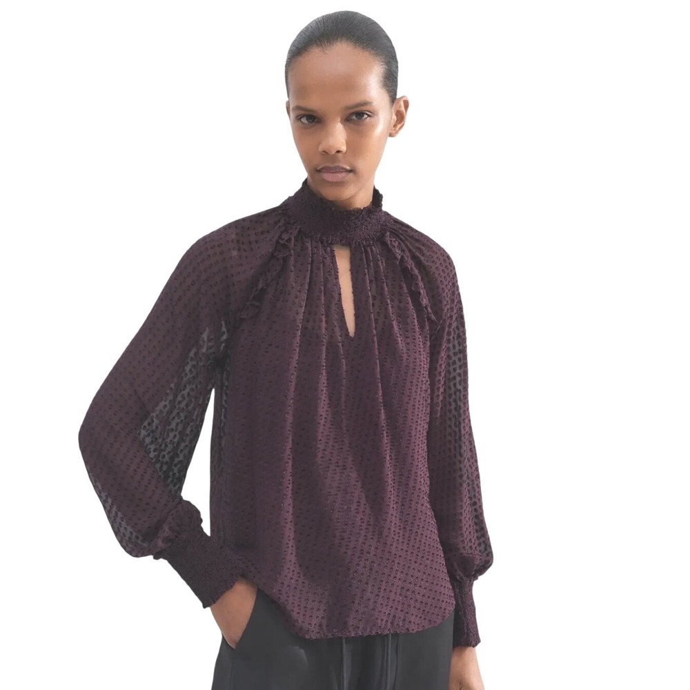 ME+EM Top Blouse Silk Blend High Neck Swing Top 12 Burgundy Swiss Dot Smocked